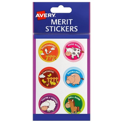 Merit Stickers Avery FARM Animals Round Pack 96 (494594)