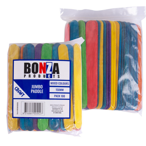 Bonza Jumbo 150mm Paddle Pop Stick Colored Pack 100