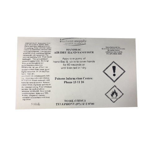 HAND BAC (Hand Sanitiser) Bottle Label (Label Only)