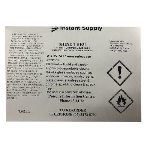 Shine Thru Window Cleaner Bottle Label (Label Only)