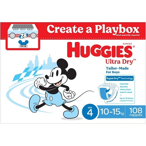 Huggies Ultra Dry Toddler BOY Size 4 (13 to 15 kg) PlayBox Pack of 108