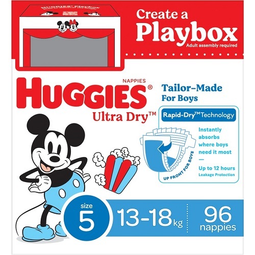 Huggies Ultra Dry Toddler BOY Size 5 (15 to 18 kg) PlayBox Pack of 96