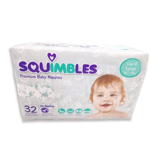 Squimbles Large (Size 4) Ctn 128 ($0.3039 per Nappy) 