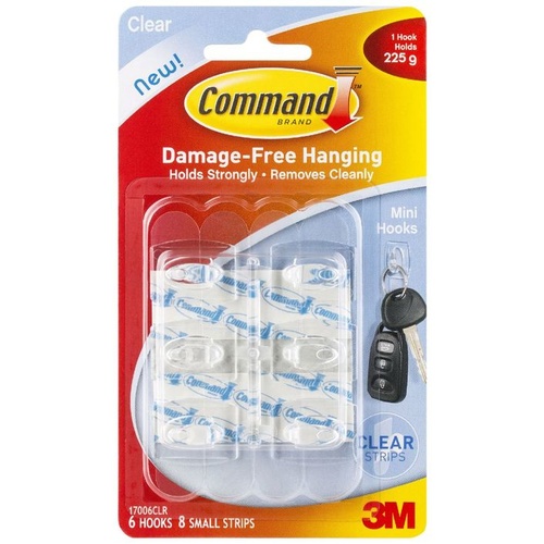 3M Command Mini Clear Hooks with Clear Strips Pk 6 (17006)