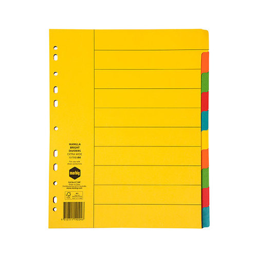 Marbig Divider A4 10 Tab Extra Wide Manilla Extra Wide Multi Coloured  (37190F)