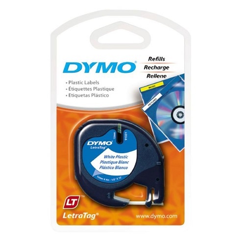 DYMO LetraTag Plastic label Tape 12mm Black on White 91331