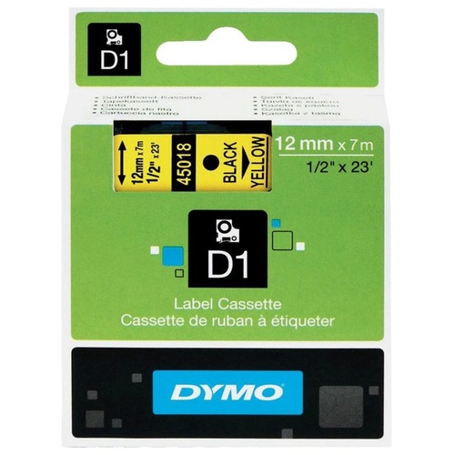 DYMO D1 Label Tape 12mm x 7m Black on Yellow (45018)