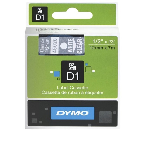 DYMO D1 Label Tape 12mm x 7m White on Clear (SD45020)