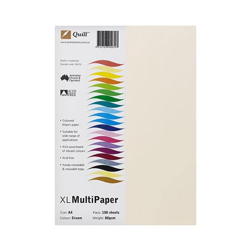 Quill Coloured Copy Paper 80 gsm A4 Cream Pk 100 (90070)