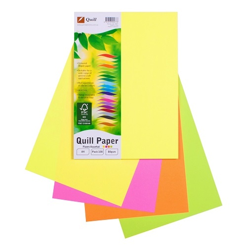 Quill Coloured Paper 80gsm A4 Pack 500 FLUORO Assorted (90192)
