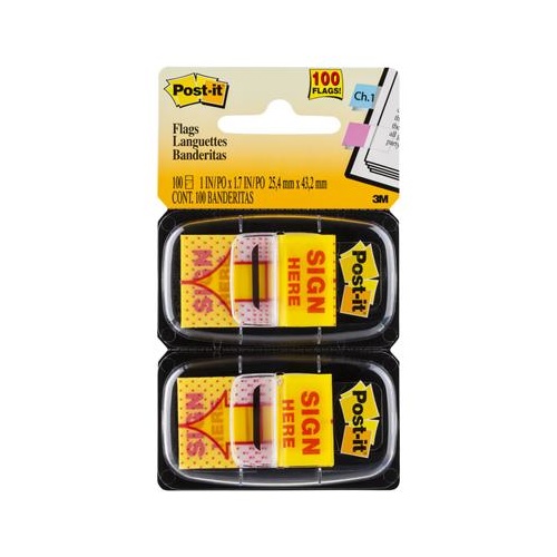 Post-It 680-SH2 Message Flags Sign Here Yellow Twin Pk 100
