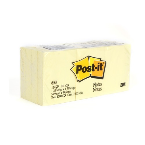 Post-It Notes 3M 34.9mm x 47.6mm YELLOW Pack 12 (653)