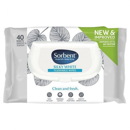 Sorbent Silky White Flushable Wipes Soft 40 Sheets Pack
